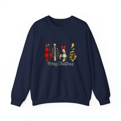 Unisex Heavy Blend™ mw2019 | Merry Christmas Tree Sweatshirt – Buffalo Plaid & Leopard Print Holiday Crewneck | Cozy Unisex Winter Gift