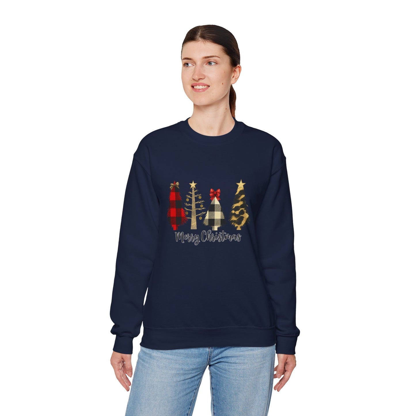 Unisex Heavy Blend™ mw2019 | Merry Christmas Tree Sweatshirt – Buffalo Plaid & Leopard Print Holiday Crewneck | Cozy Unisex Winter Gift