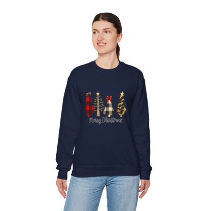 Unisex Heavy Blend™ mw2019 | Merry Christmas Tree Sweatshirt – Buffalo Plaid & Leopard Print Holiday Crewneck | Cozy Unisex Winter Gift