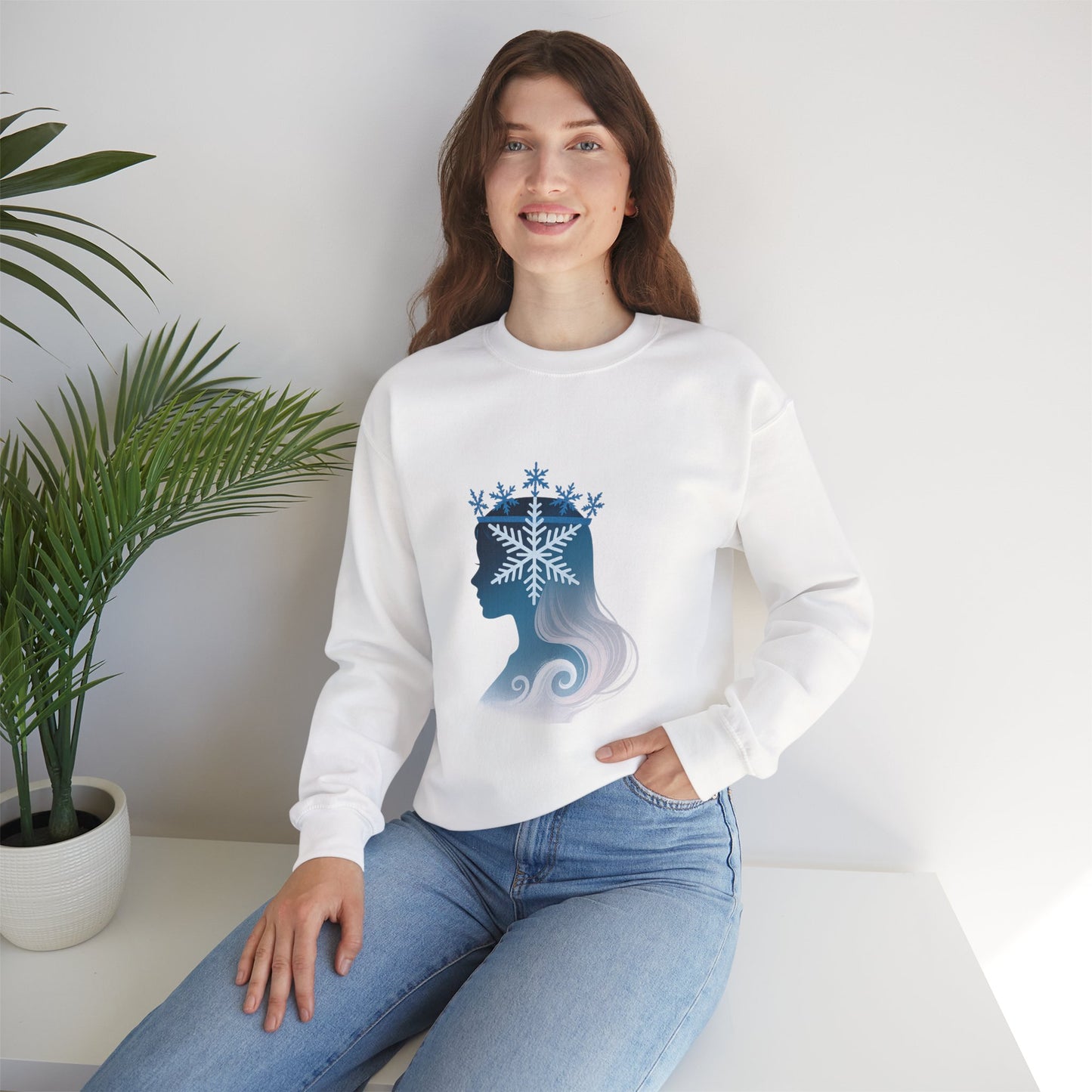 Unisex Heavy Blend™ mw2138 | Snow Queen Silhouette Sweatshirt – Elegant Winter Snowflake Crown Crewneck, Cozy Holiday Gift