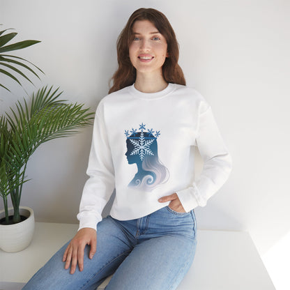 Unisex Heavy Blend™ mw2138 | Snow Queen Silhouette Sweatshirt – Elegant Winter Snowflake Crown Crewneck, Cozy Holiday Gift