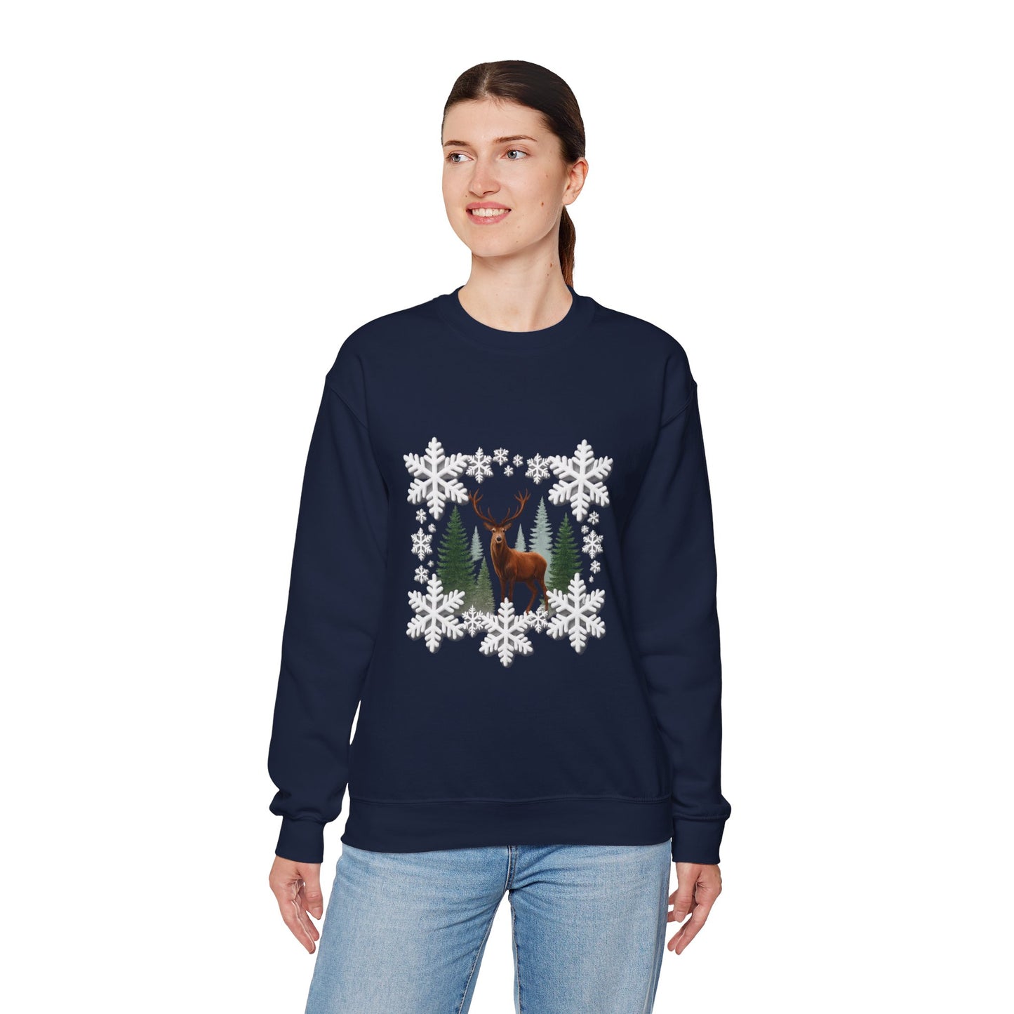 Unisex Heavy Blend™ mw2054 | Snowflake Reindeer Christmas Sweatshirt – Festive Winter Deer Crewneck, Holiday Pullover Sweater