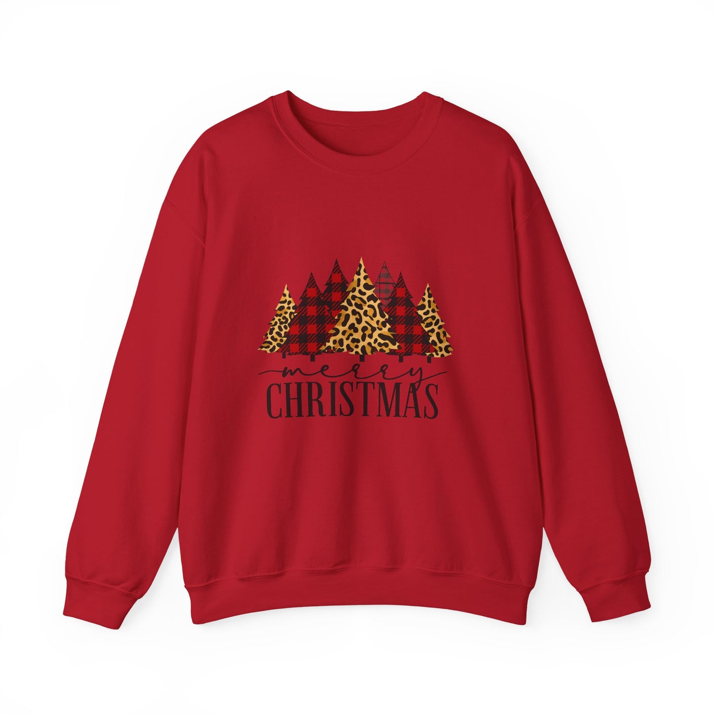 Unisex Heavy Blend™ mw2014 | Merry Christmas Trees Sweatshirt – Leopard & Buffalo Plaid Holiday Crewneck | Cozy Unisex Winter Gift