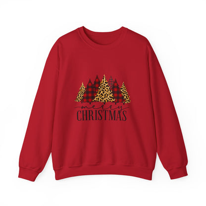 Unisex Heavy Blend™ mw2014 | Merry Christmas Trees Sweatshirt – Leopard & Buffalo Plaid Holiday Crewneck | Cozy Unisex Winter Gift