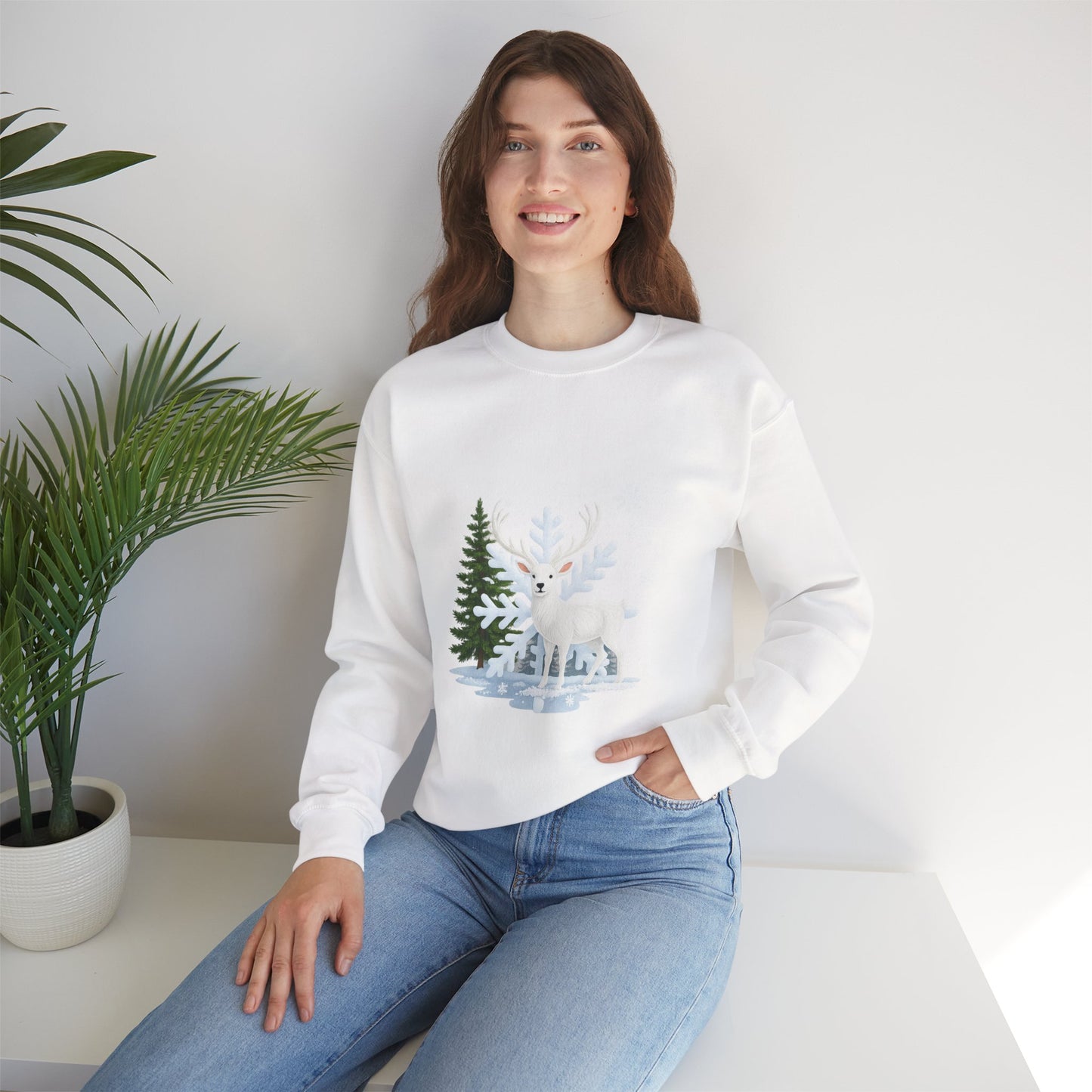 Unisex Heavy Blend™ mw2058 | White Reindeer Christmas Sweatshirt – Snowflake Winter Deer Crewneck, Festive Holiday Pullover Sweater