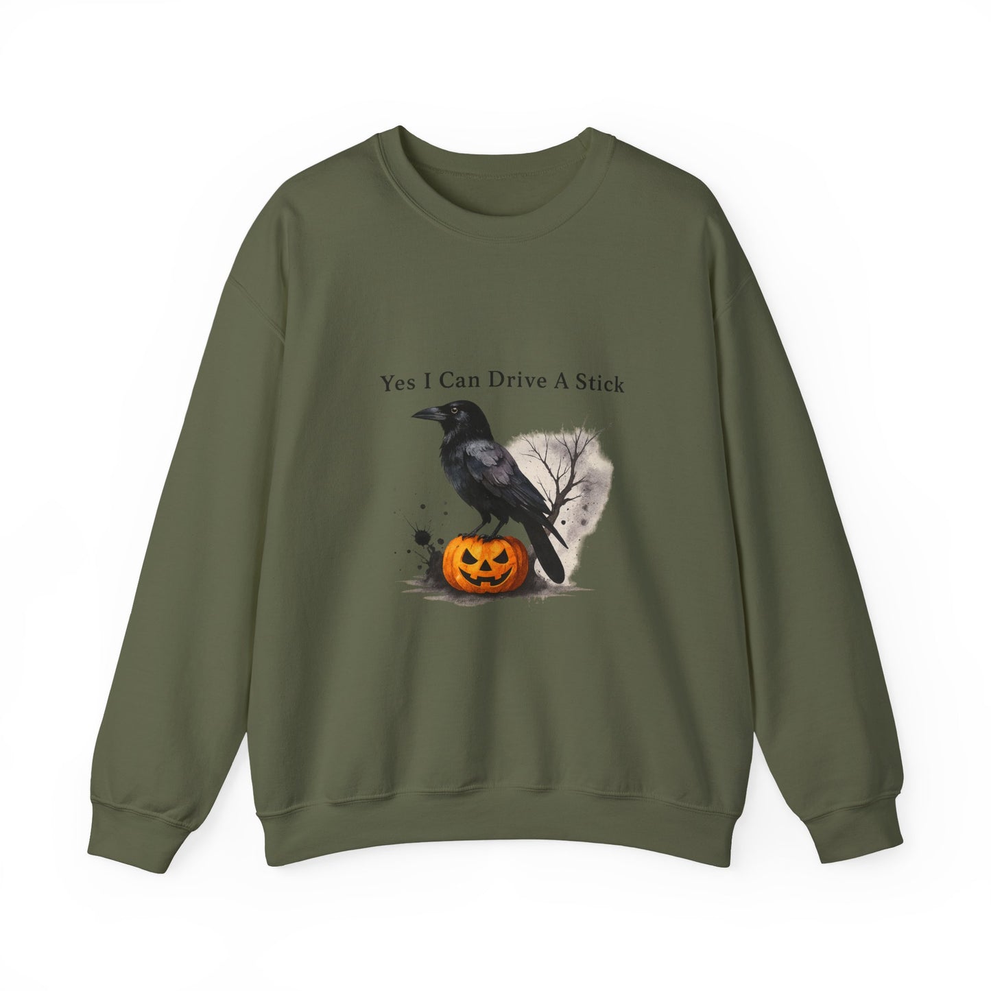 Unisex Heavy Blend™ Yes I Can Drive A Stick Sweatshirt | Funny Halloween Crow Pumpkin Sweater | Spooky Season Witchy Fall Crewneck | mw1004