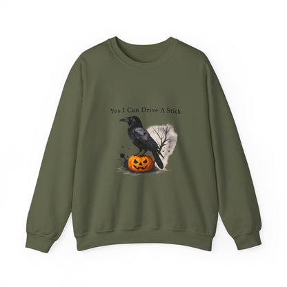 Unisex Heavy Blend™ Yes I Can Drive A Stick Sweatshirt | Funny Halloween Crow Pumpkin Sweater | Spooky Season Witchy Fall Crewneck | mw1004