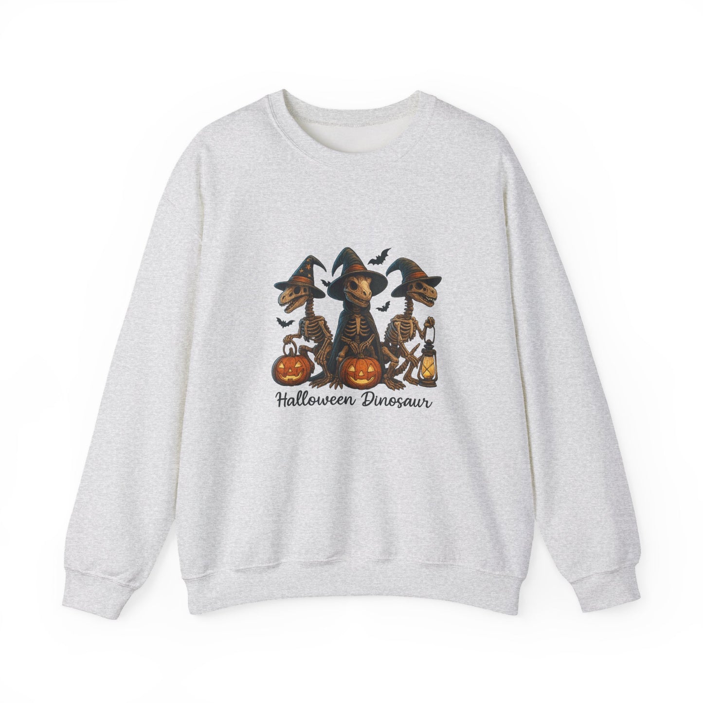 Unisex Heavy Blend™ Halloween Dinosaur Sweatshirt – Spooky Skeleton Dinos with Pumpkins | mw1023
