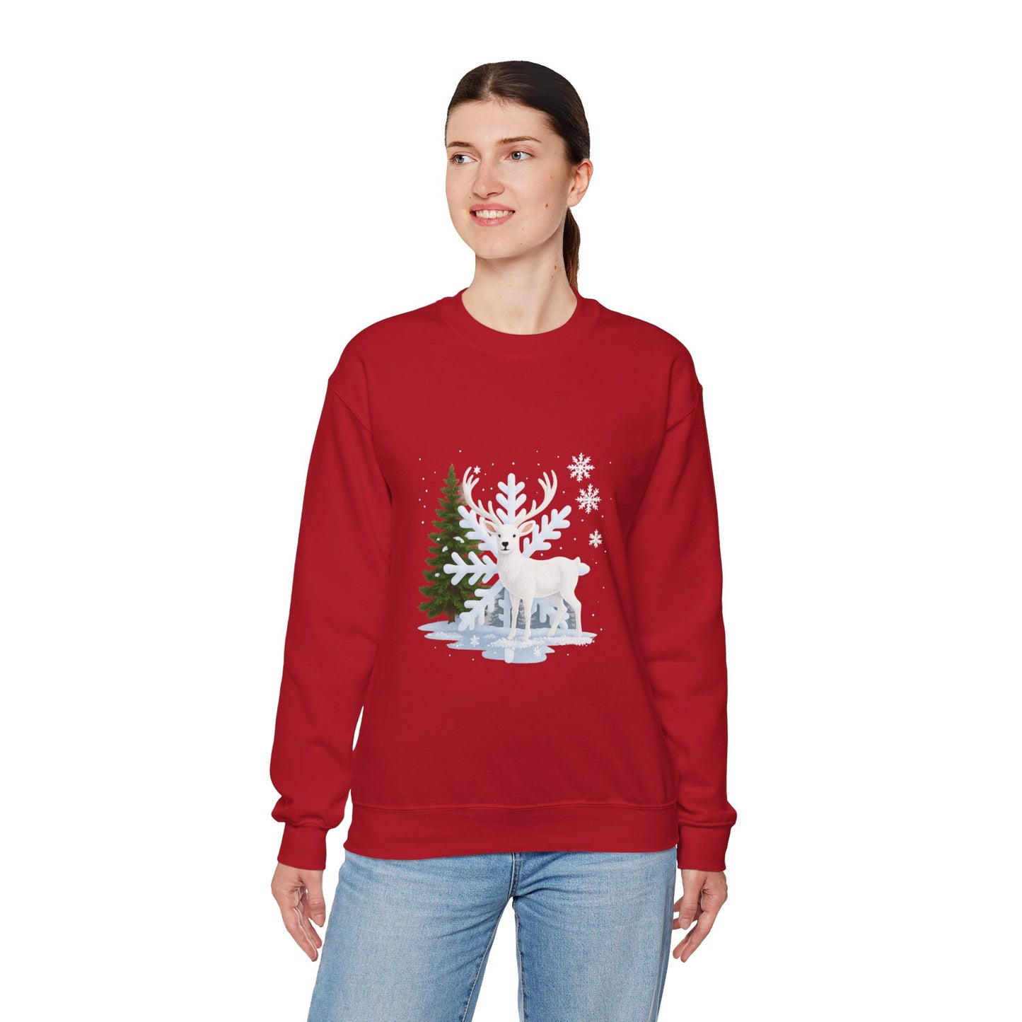 Unisex Heavy Blend™ mw2058 | White Reindeer Christmas Sweatshirt – Snowflake Winter Deer Crewneck, Festive Holiday Pullover Sweater