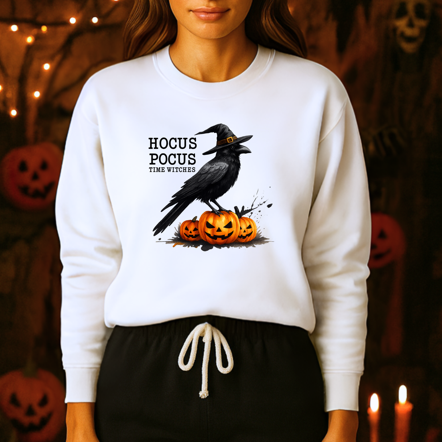 Unisex Heavy Blend™ Hocus Pocus Halloween Sweatshirt – Witchy Raven & Pumpkin Graphic | mw1008