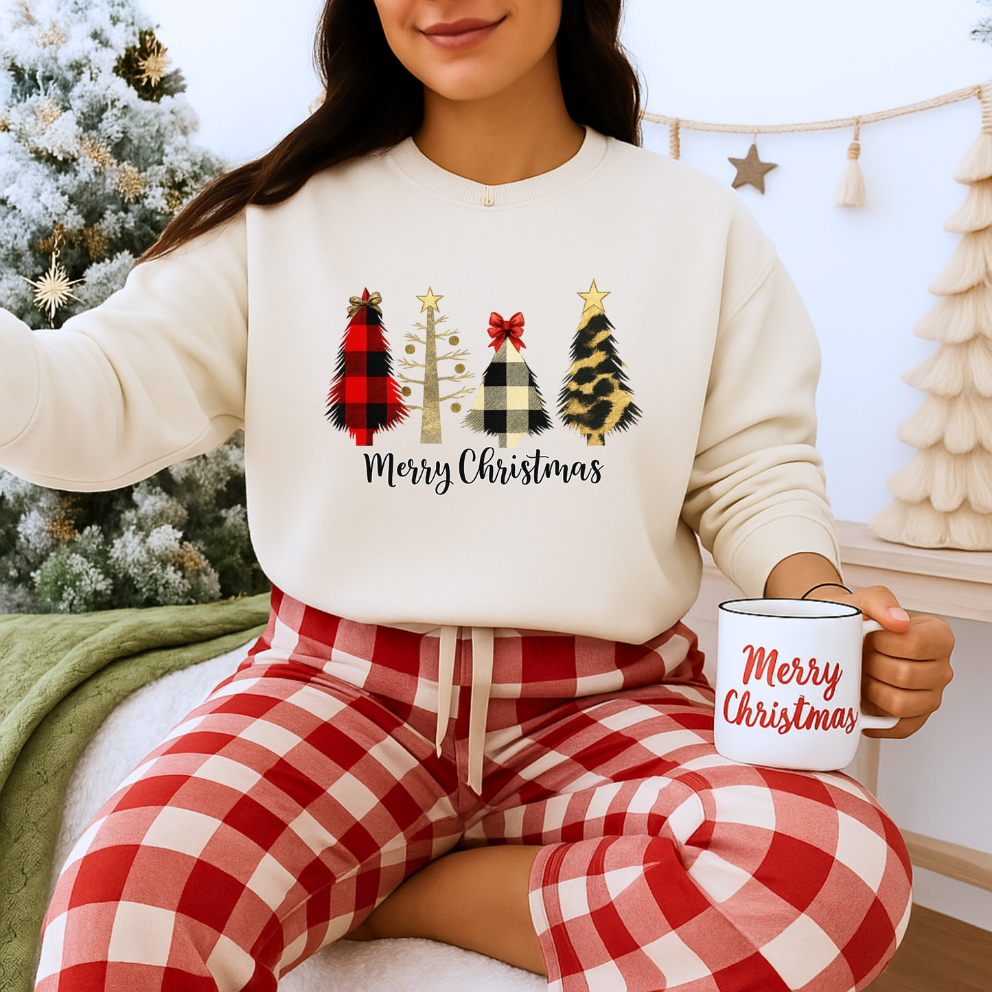 Unisex Heavy Blend™ mw2019 | Merry Christmas Tree Sweatshirt – Buffalo Plaid & Leopard Print Holiday Crewneck | Cozy Unisex Winter Gift