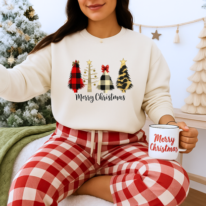 Unisex Heavy Blend™ mw2019 | Merry Christmas Tree Sweatshirt – Buffalo Plaid & Leopard Print Holiday Crewneck | Cozy Unisex Winter Gift