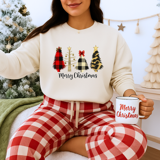 Unisex Heavy Blend™ mw2019 | Merry Christmas Tree Sweatshirt – Buffalo Plaid & Leopard Print Holiday Crewneck | Cozy Unisex Winter Gift