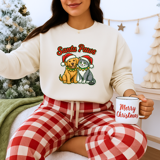 Unisex Heavy Blend™ mw2096 | Santa Paws Christmas Sweatshirt – Cute Cat & Dog Holiday Crewneck, Merry Xmas Gift for Pet Lovers