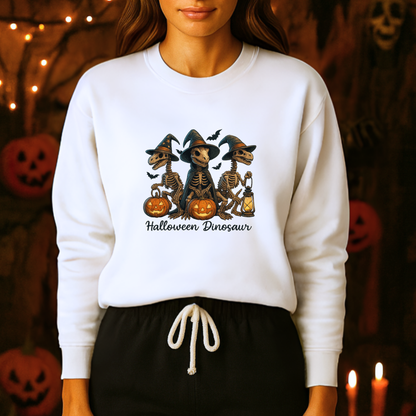 Unisex Heavy Blend™ Halloween Dinosaur Sweatshirt – Spooky Skeleton Dinos with Pumpkins | mw1023