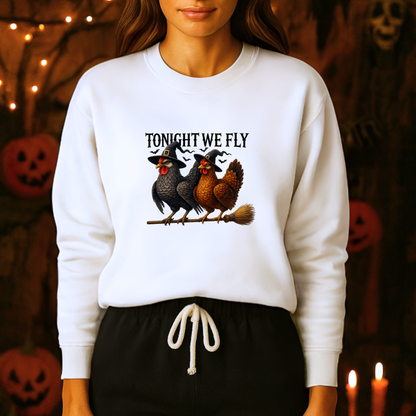 Unisex Heavy Blend™ Tonight We Fly Chicken Sweatshirt – Funny Witchy Halloween Crewneck | mw1022