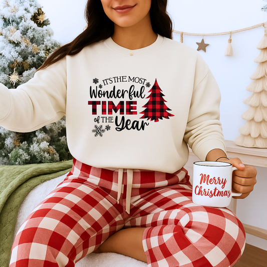 Unisex Heavy Blend™ mw2032 | Most Wonderful Time of the Year Sweatshirt – Buffalo Plaid Christmas Tree Crewneck | Cozy Unisex Holiday Gift