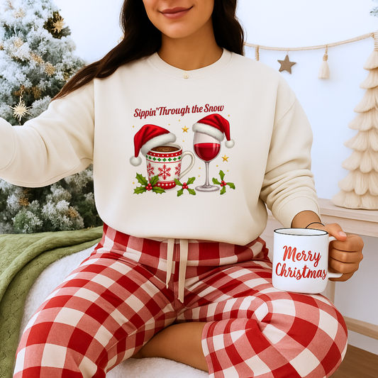 Unisex Heavy Blend™ mw2128 | Sippin’ Through the Snow Christmas Sweatshirt – Funny Holiday Wine & Coffee Crewneck, Festive Xmas Gift