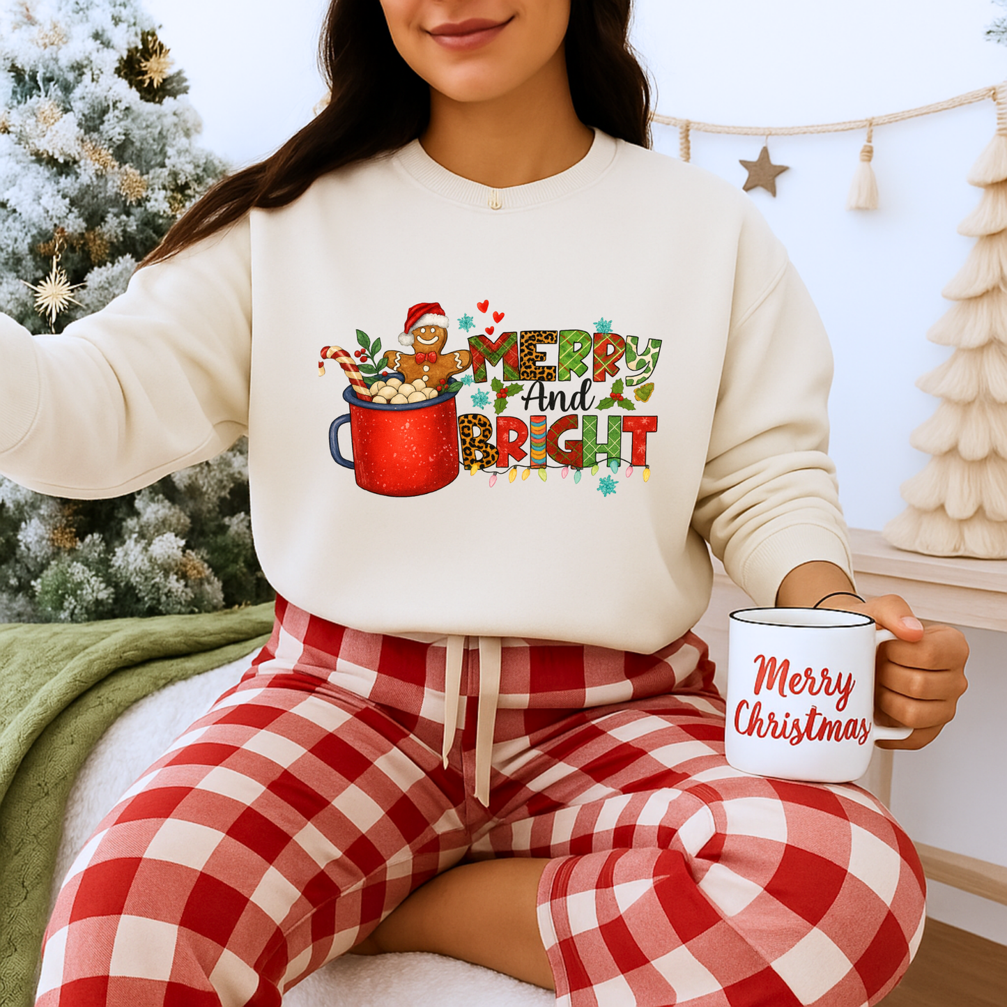 Unisex Heavy Blend™ mw2008 | Merry and Bright Christmas Sweatshirt – Gingerbread & Hot Cocoa Holiday Crewneck | Cozy Unisex Winter Gift