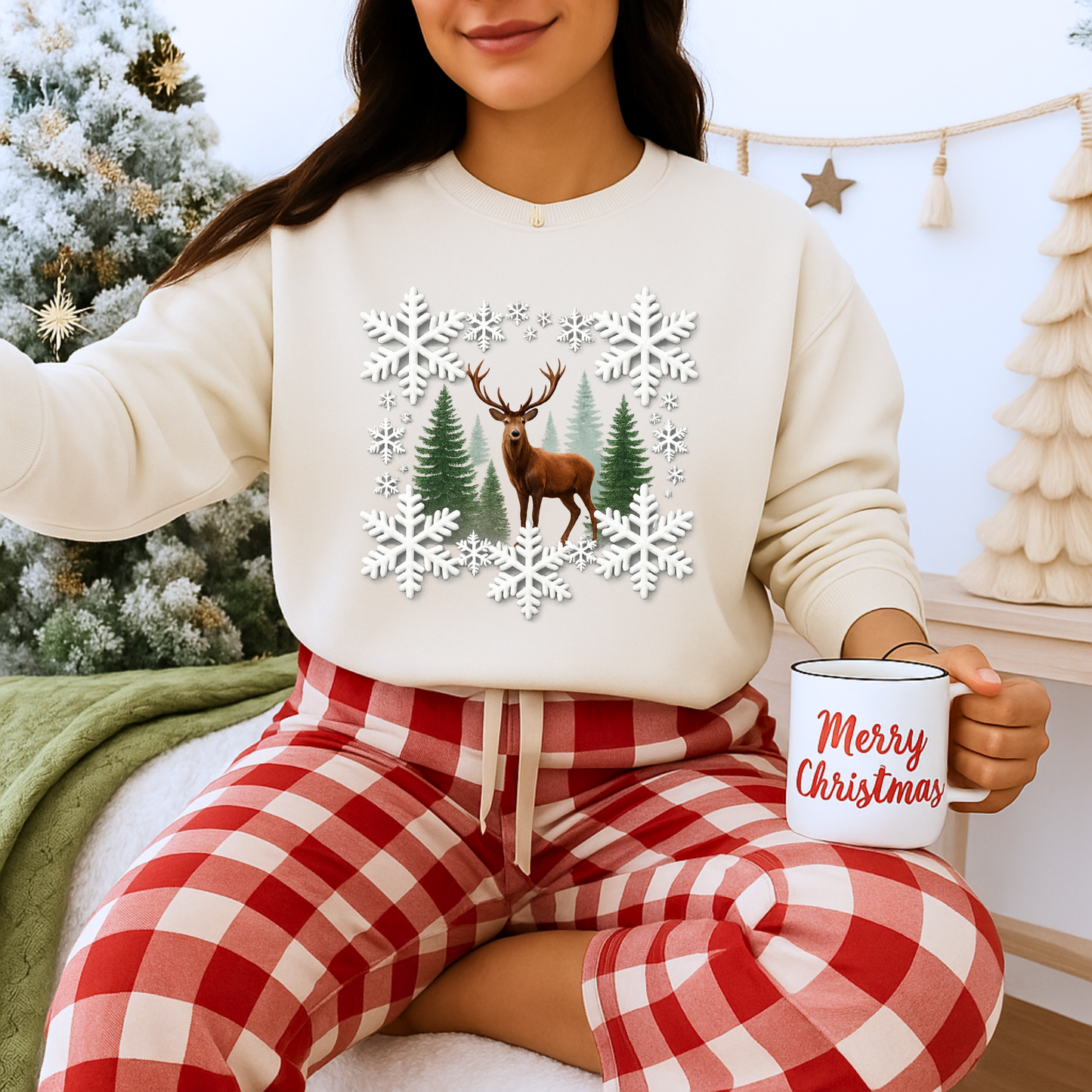 Unisex Heavy Blend™ mw2054 | Snowflake Reindeer Christmas Sweatshirt – Festive Winter Deer Crewneck, Holiday Pullover Sweater