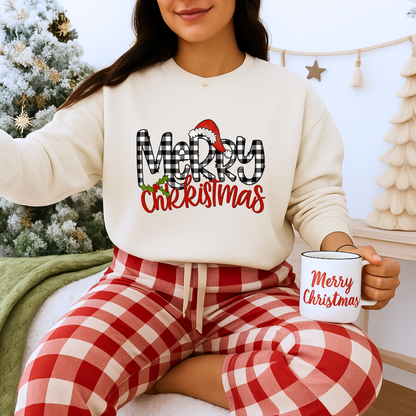 Unisex Heavy Blend™ mw2037 | Merry Christmas Sweatshirt – Buffalo Plaid Santa Hat Holiday Crewneck | Cozy Unisex Winter Gift