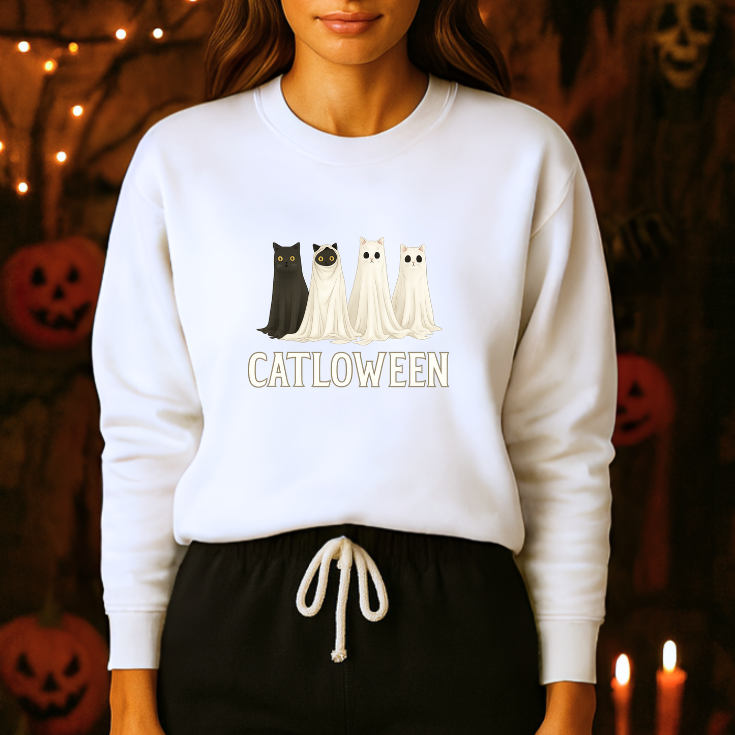 Unisex Heavy Blend™ Catloween Sweatshirt – Cute Ghost Cats Halloween Crewneck | mw1024