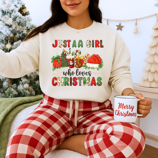 Unisex Heavy Blend™ mw2052 | Just a Girl Who Loves Christmas Sweatshirt – Cute Holiday Pullover, Festive Santa Candy Cane Crewneck