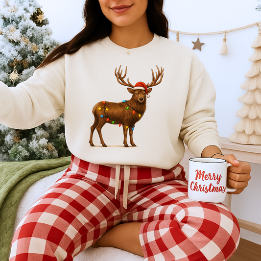Unisex Heavy Blend™ mw2077 | Christmas Reindeer Sweatshirt – Festive Holiday Elk with Santa Hat & Lights Crewneck Pullover