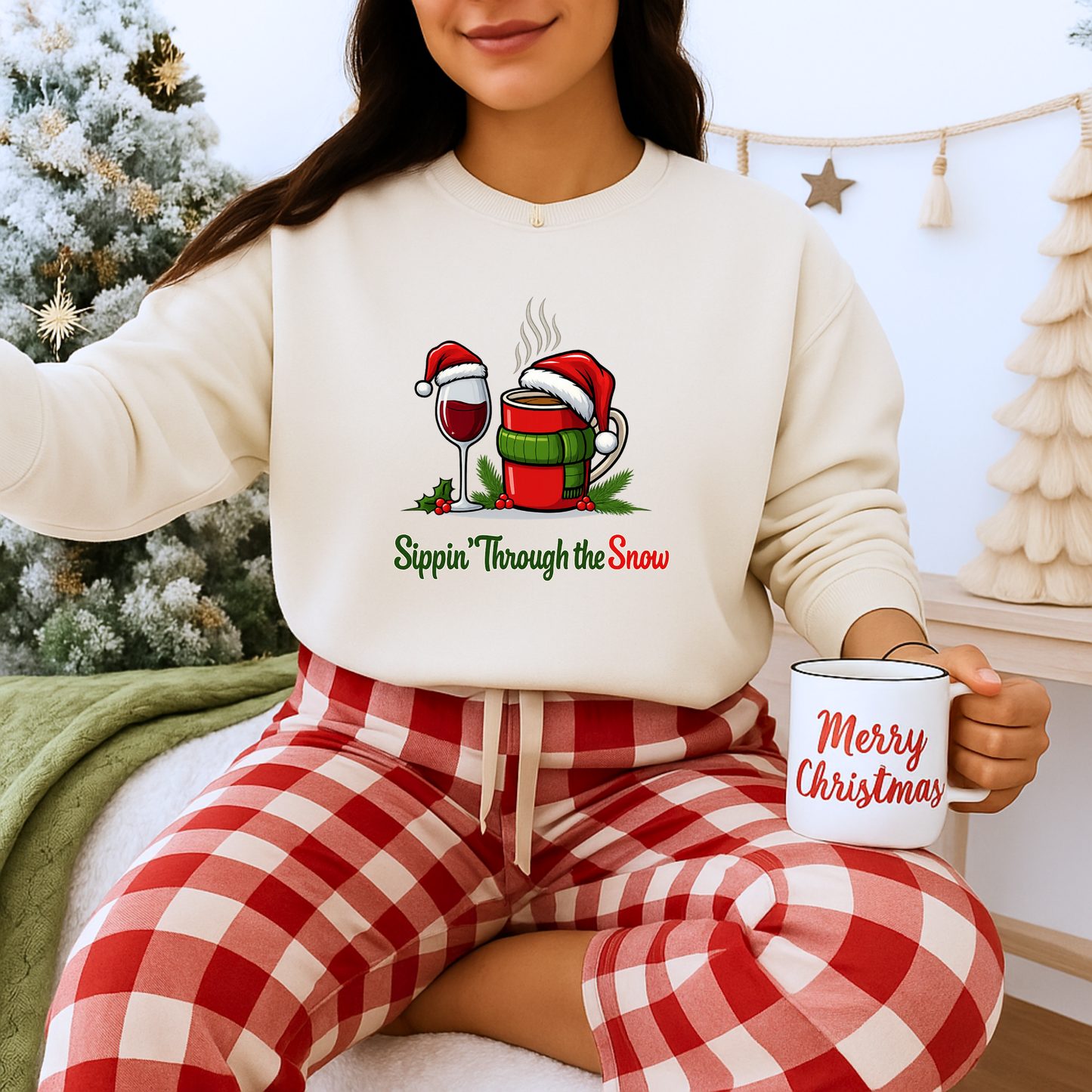 Unisex Heavy Blend™ mw2127 | Sippin’ Through the Snow Christmas Sweatshirt – Funny Holiday Wine & Coffee Crewneck, Festive Xmas Gift