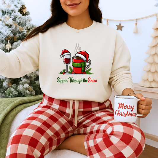 Unisex Heavy Blend™ mw2127 | Sippin’ Through the Snow Christmas Sweatshirt – Funny Holiday Wine & Coffee Crewneck, Festive Xmas Gift