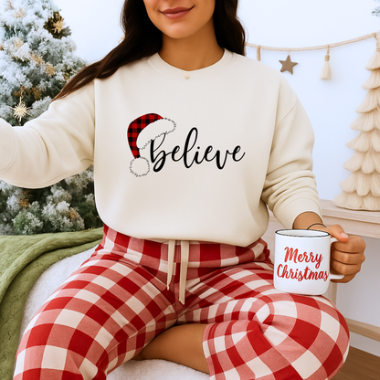 Unisex Heavy Blend™ mw2036 | Believe Christmas Sweatshirt – Buffalo Plaid Santa Hat Holiday Crewneck | Cozy Unisex Winter Gift