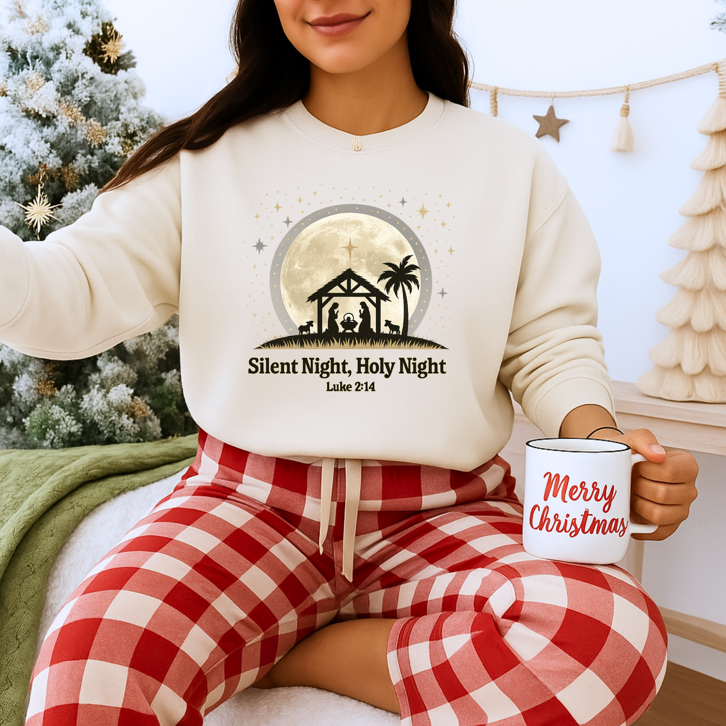 Unisex Heavy Blend™ mw2067 | Silent Night Holy Night Sweatshirt – Christian Nativity Scene Crewneck, Luke 2:14 Bible Verse Christmas Pullover
