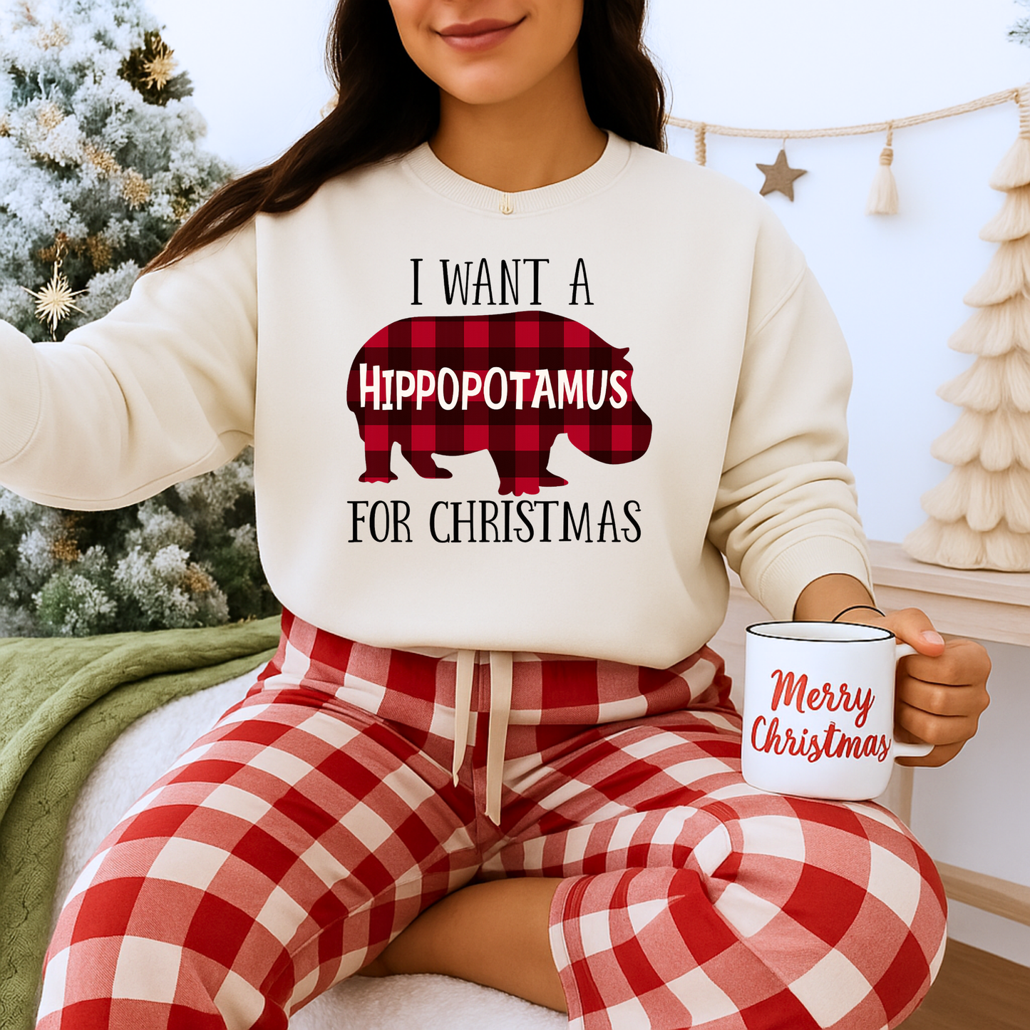 Unisex Heavy Blend™ mw2045 | I Want a Hippopotamus for Christmas Sweatshirt – Funny Buffalo Plaid Hippo Holiday Crewneck Pullover