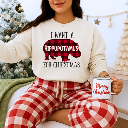 Unisex Heavy Blend™ mw2045 | I Want a Hippopotamus for Christmas Sweatshirt – Funny Buffalo Plaid Hippo Holiday Crewneck Pullover