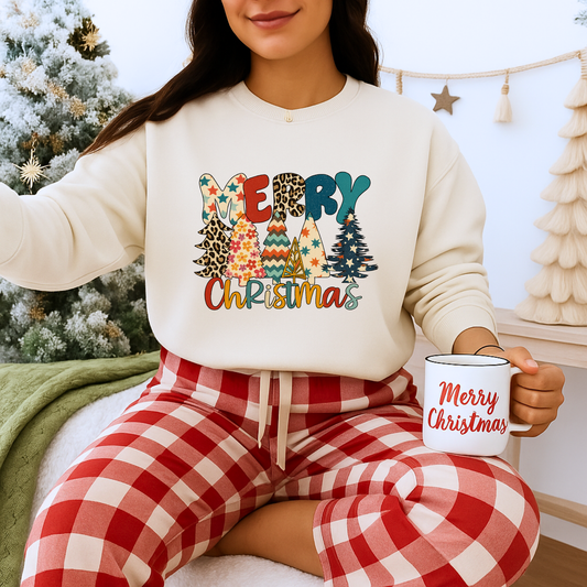 Unisex Heavy Blend™ mw2023 | Merry Christmas Trees Sweatshirt – Colorful Leopard & Plaid Holiday Crewneck | Cozy Unisex Winter Gift