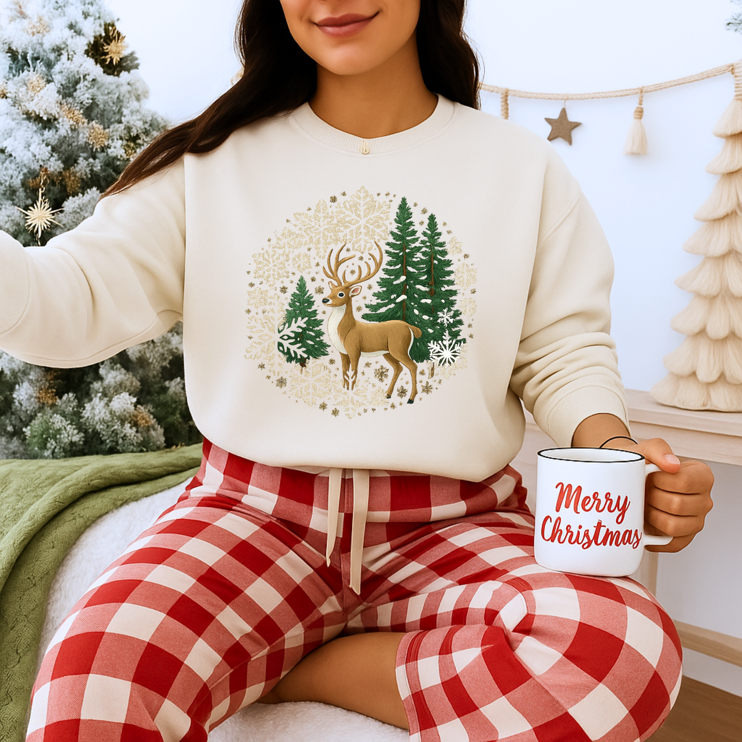 Unisex Heavy Blend™ mw2055 | Reindeer Snowflake Christmas Sweatshirt – Festive Winter Deer Crewneck, Holiday Pullover Sweater