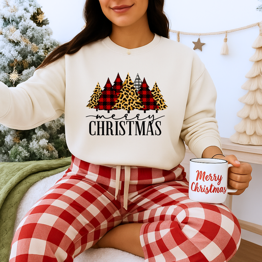 Unisex Heavy Blend™ mw2014 | Merry Christmas Trees Sweatshirt – Leopard & Buffalo Plaid Holiday Crewneck | Cozy Unisex Winter Gift