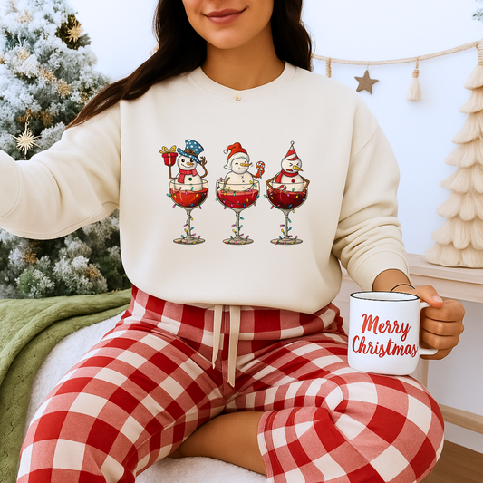 Unisex Heavy Blend™ mw2038 | Snowman Christmas Sweatshirt – Festive Holiday Wine Glass Trio Crewneck | Funny Cozy Winter Gift