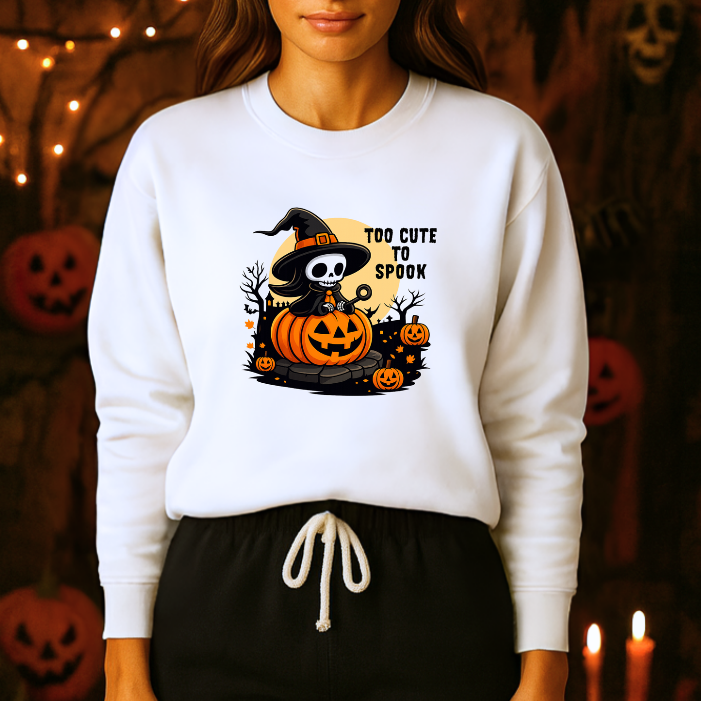 Unisex Heavy Blend™ Too Cute To Spook Sweatshirt | Halloween Pumpkin Skeleton Sweater | Funny Spooky Season Fall Crewneck | mw1003