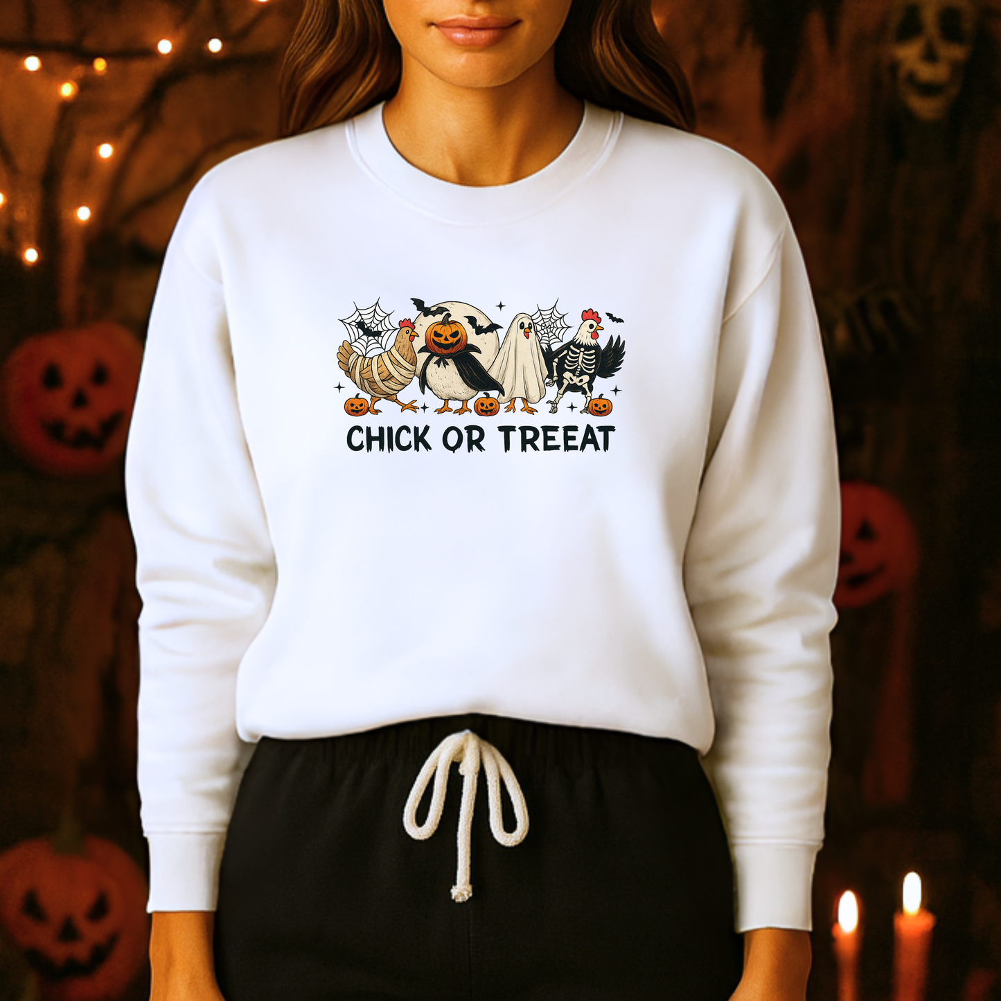 Unisex Heavy Blend™ Chick or Treat Halloween Sweatshirt – Funny Chicken Costume Crewneck | mw1026