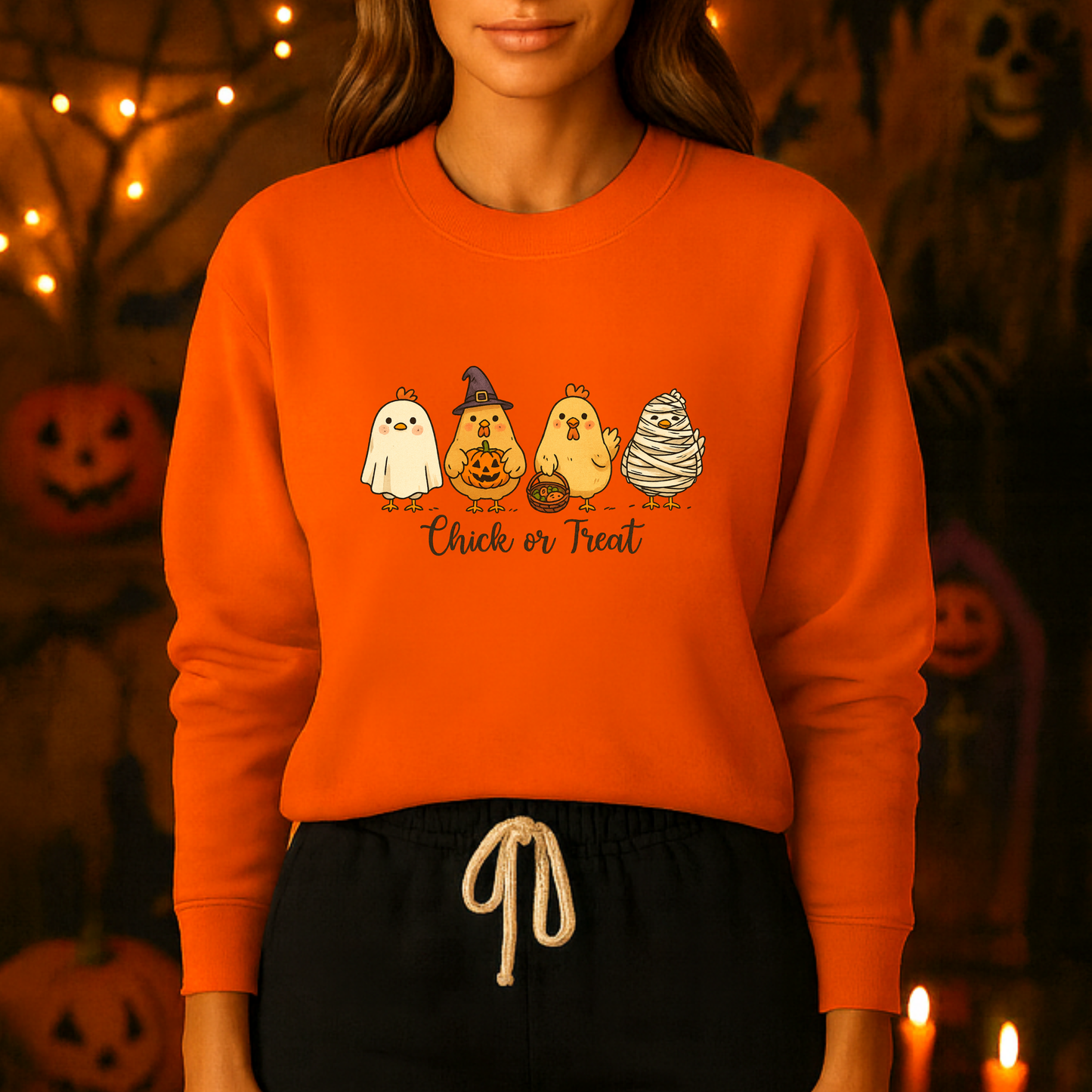 Unisex Heavy Blend™ Chick or Treat Halloween Sweatshirt | Cute Chicken Pumpkin Fall Sweater | Funny Spooky Season Crewneck for Women | mw1001