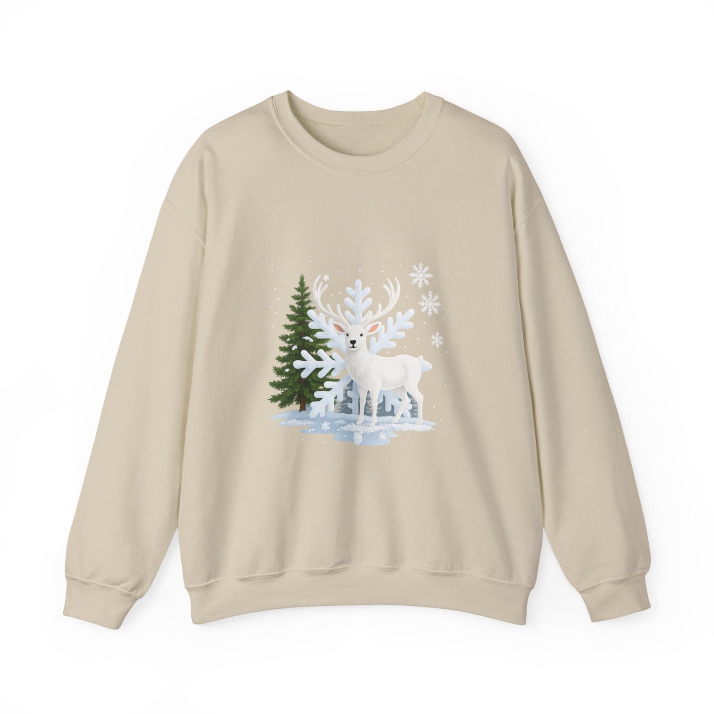 Unisex Heavy Blend™ mw2058 | White Reindeer Christmas Sweatshirt – Snowflake Winter Deer Crewneck, Festive Holiday Pullover Sweater