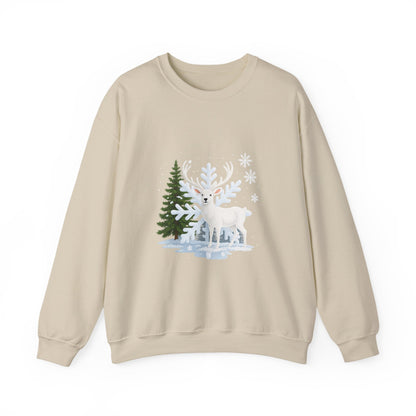 Unisex Heavy Blend™ mw2058 | White Reindeer Christmas Sweatshirt – Snowflake Winter Deer Crewneck, Festive Holiday Pullover Sweater