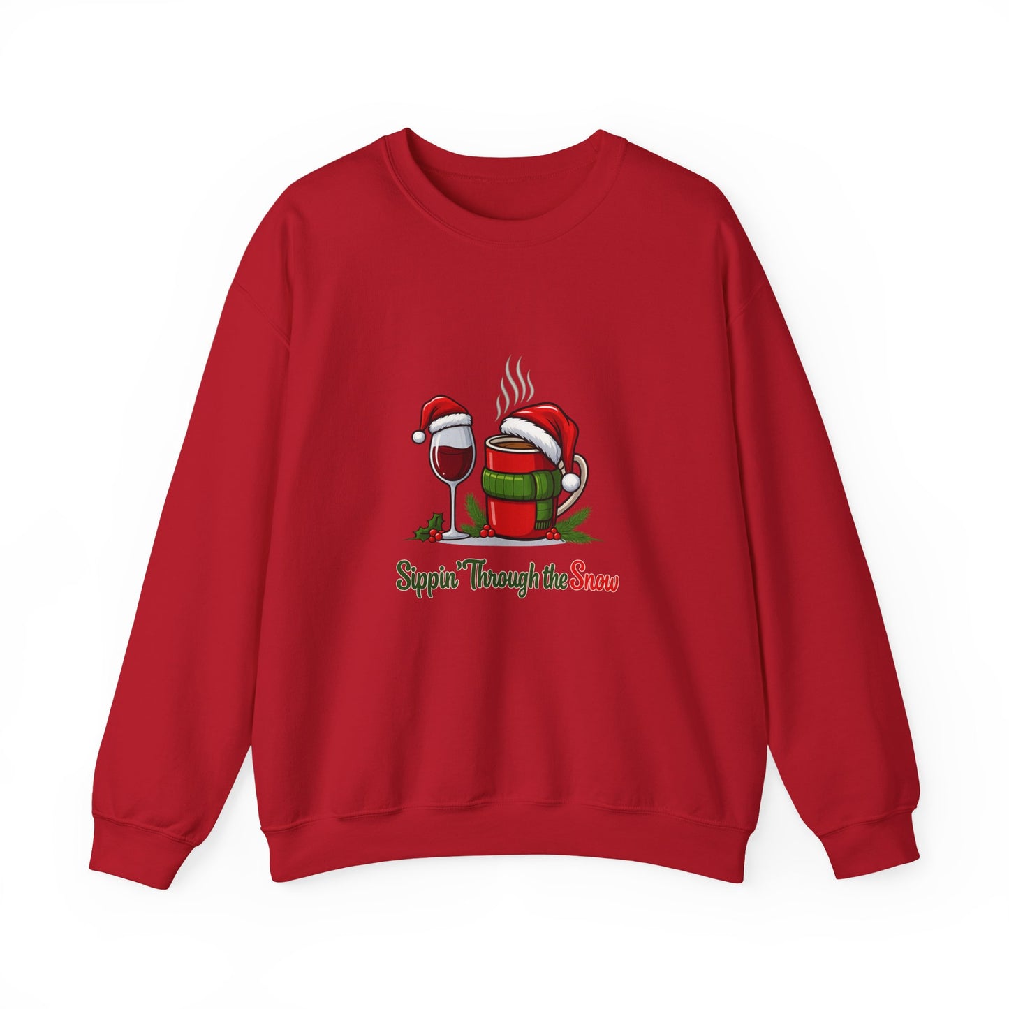Unisex Heavy Blend™ mw2127 | Sippin’ Through the Snow Christmas Sweatshirt – Funny Holiday Wine & Coffee Crewneck, Festive Xmas Gift
