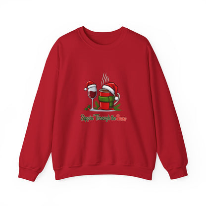 Unisex Heavy Blend™ mw2127 | Sippin’ Through the Snow Christmas Sweatshirt – Funny Holiday Wine & Coffee Crewneck, Festive Xmas Gift