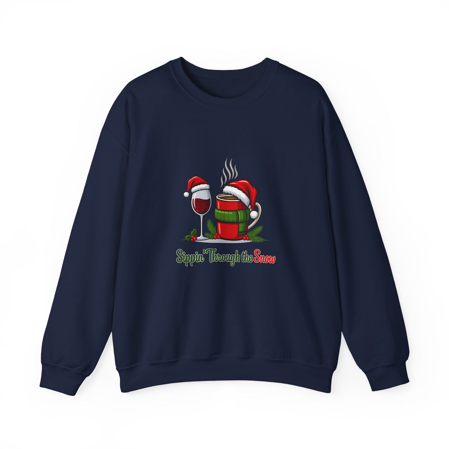 Unisex Heavy Blend™ mw2127 | Sippin’ Through the Snow Christmas Sweatshirt – Funny Holiday Wine & Coffee Crewneck, Festive Xmas Gift