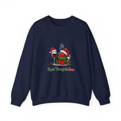 Unisex Heavy Blend™ mw2127 | Sippin’ Through the Snow Christmas Sweatshirt – Funny Holiday Wine & Coffee Crewneck, Festive Xmas Gift
