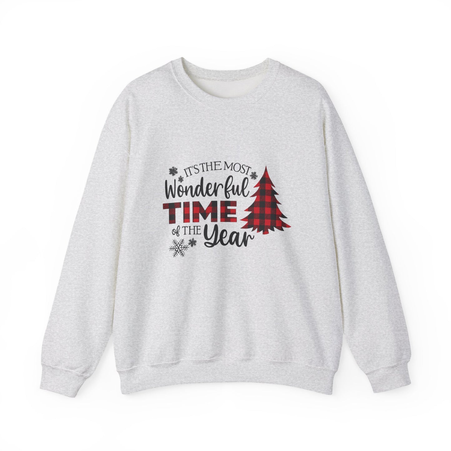 Unisex Heavy Blend™ mw2032 | Most Wonderful Time of the Year Sweatshirt – Buffalo Plaid Christmas Tree Crewneck | Cozy Unisex Holiday Gift