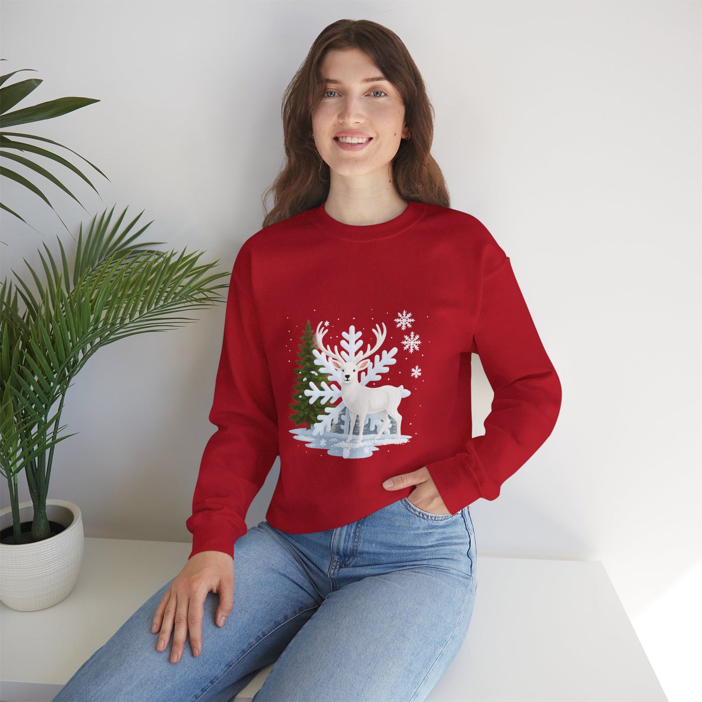 Unisex Heavy Blend™ mw2058 | White Reindeer Christmas Sweatshirt – Snowflake Winter Deer Crewneck, Festive Holiday Pullover Sweater
