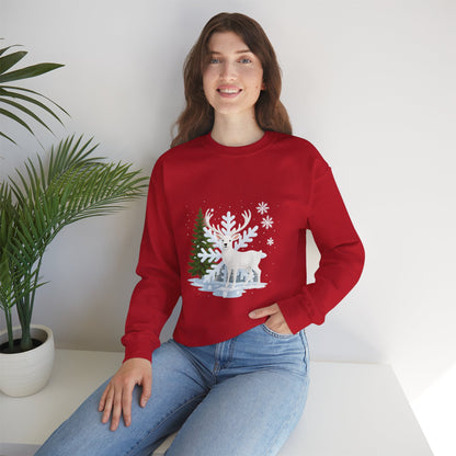 Unisex Heavy Blend™ mw2058 | White Reindeer Christmas Sweatshirt – Snowflake Winter Deer Crewneck, Festive Holiday Pullover Sweater